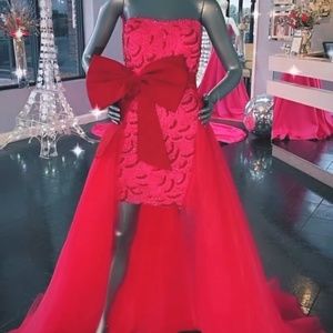 NEW Ashley Lauren pink red FULLY beaded dress sz 4 LARGE BOW